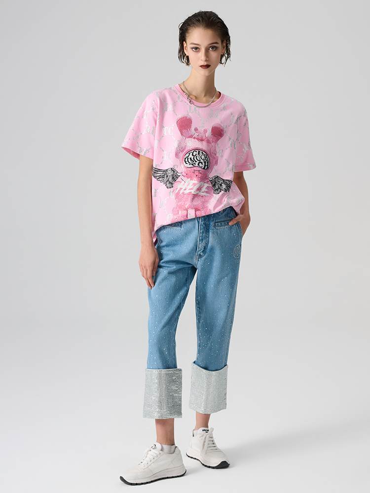 TCH Pink T-shirt with Cartoon Design and Hand-applied Rhinestones