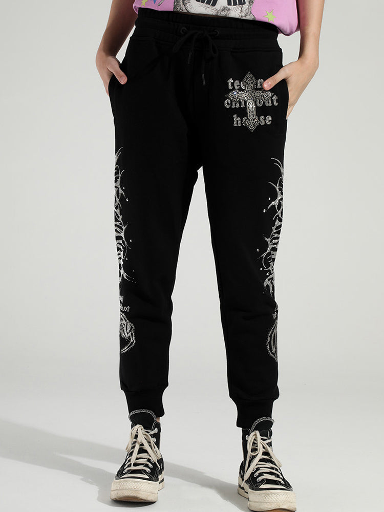 TCH Black Rhinestone Lettering Matching Track Pants