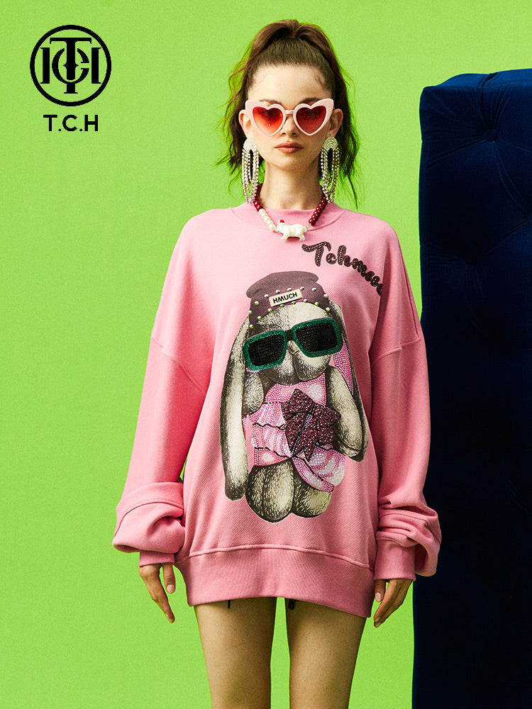 TCH Bunny Rhinestone Pink Sweatshirt Dress