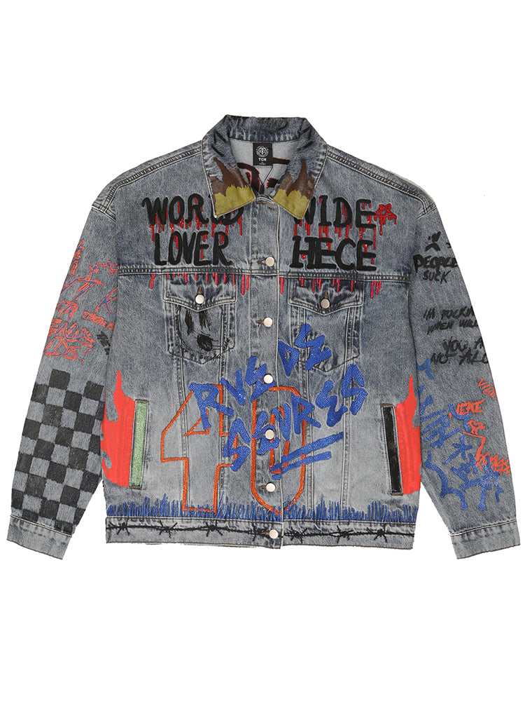 TCH Rhinestone Plaid Graffiti Denim Jacket