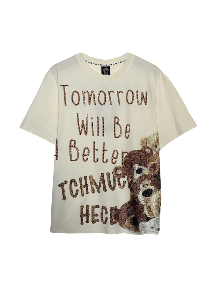 TCH Letter Rhinestone Bear Print T-shirt