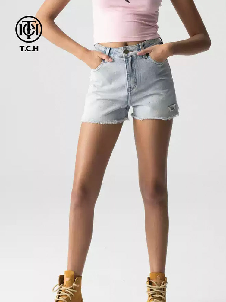 TCH Crystal-Embellished Skinny Denim Shorts