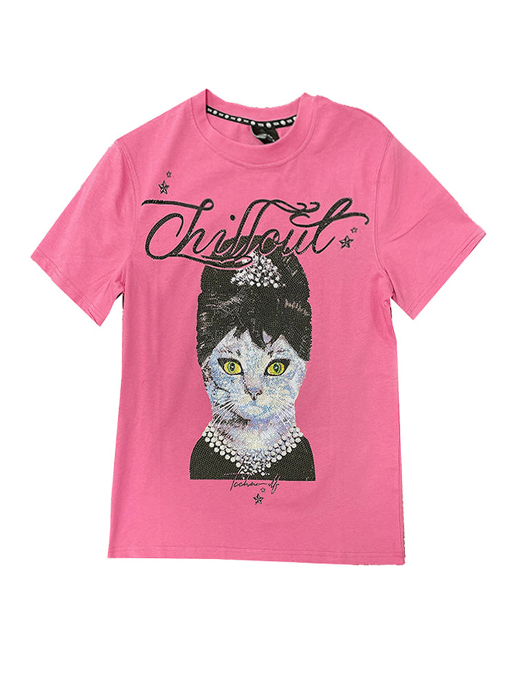 TCH Rose Rhinestone Lady Cat Short Sleeve T-Shirt