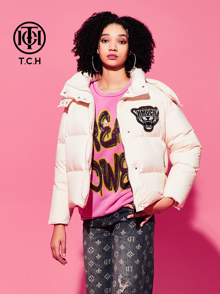 TCH Graphic Rhinestone Cropped Hoodie Puffer Coat