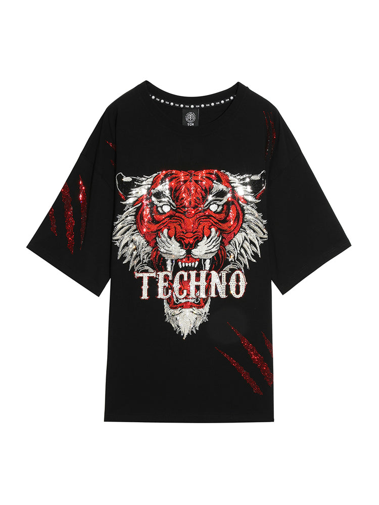 TCH Red Tiger Rhinestone Short Sleeve Streetwear T-Shirt