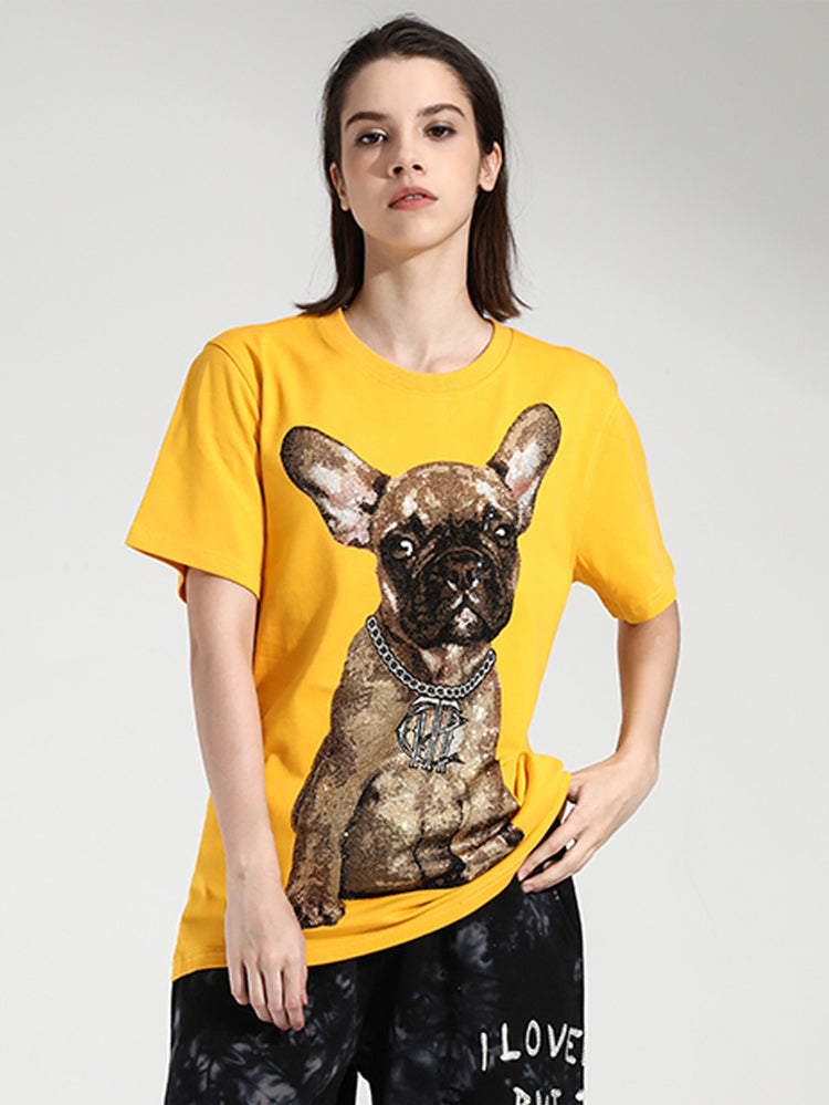 TCH Rhinestone Dog Print Short Sleeve T-shirt