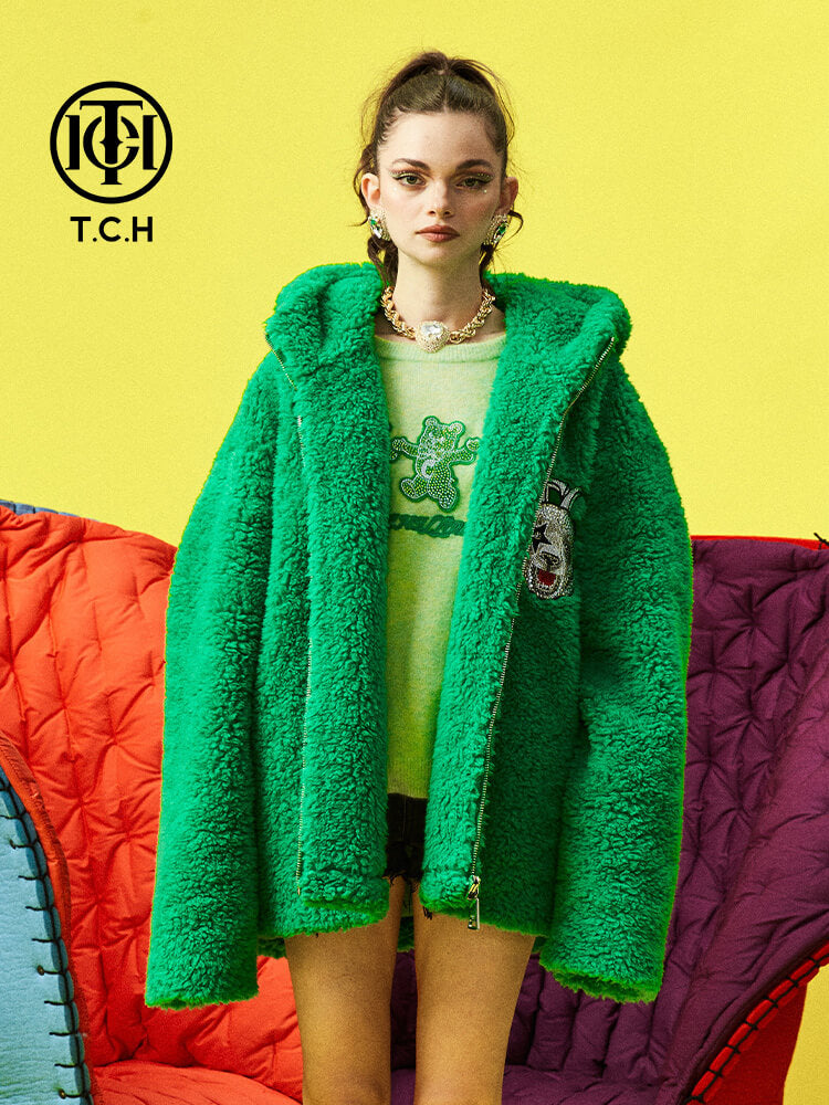 TCH Graphic Rhinestone Shearling Oversized Jackets