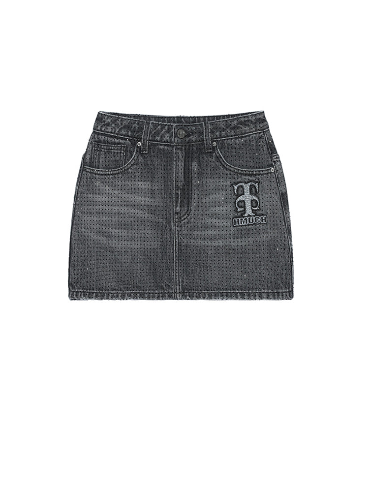 TCH Black Rhinestone High Waisted Denim Mini Skirt