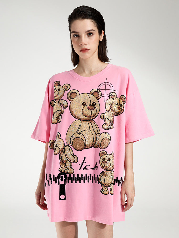 TCH Bear Rhinestone Short Sleeve T-shirt in Pink