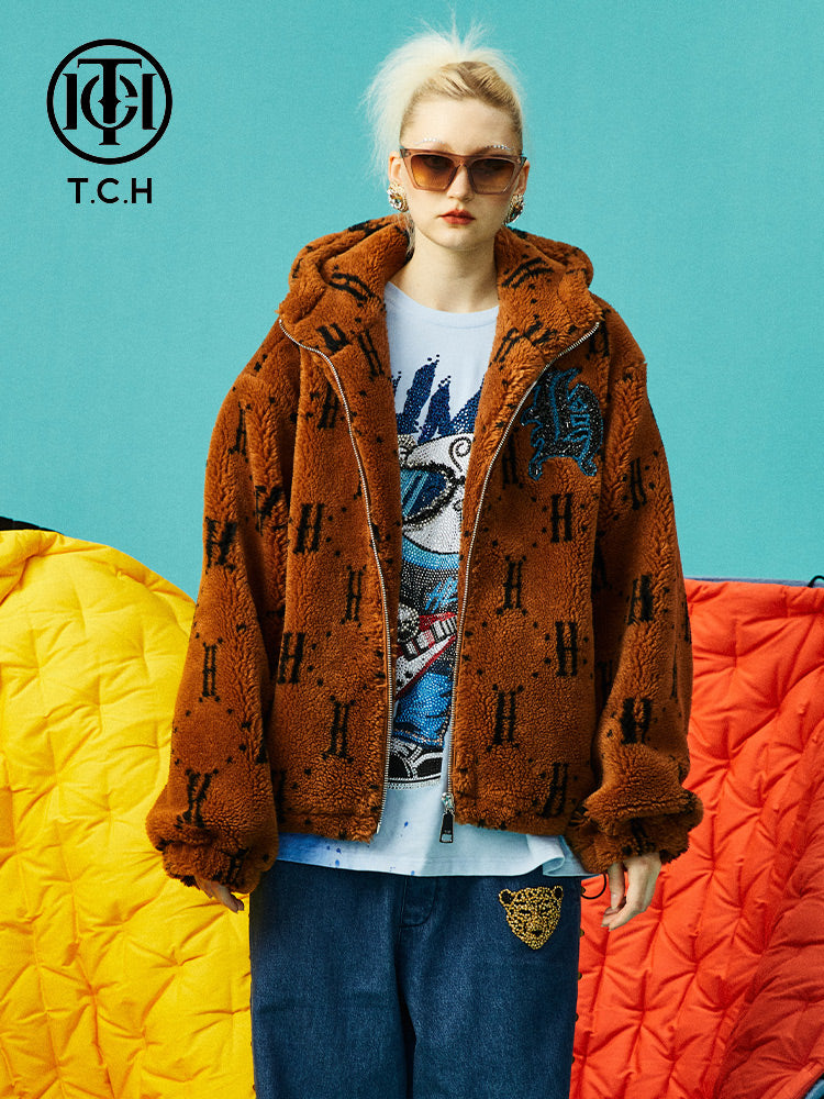 TCH Rhinestone Letters Vintage Faux Fur Hooded Coat