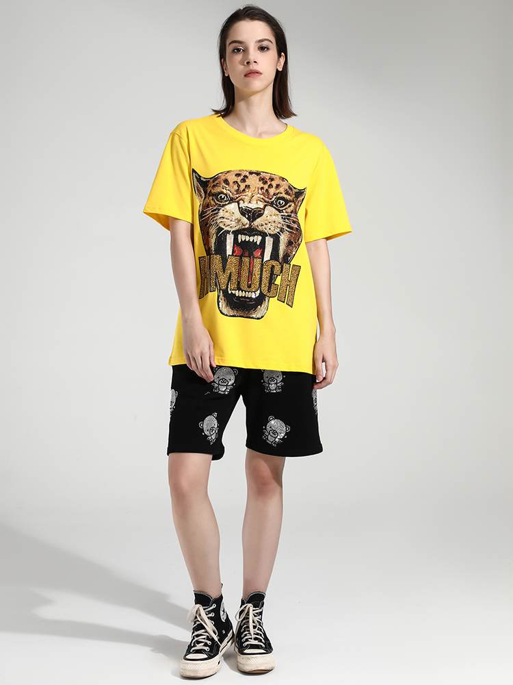 TCH Women‘s Roaring Leopard Rhinestone Short Sleeve T-Shirt