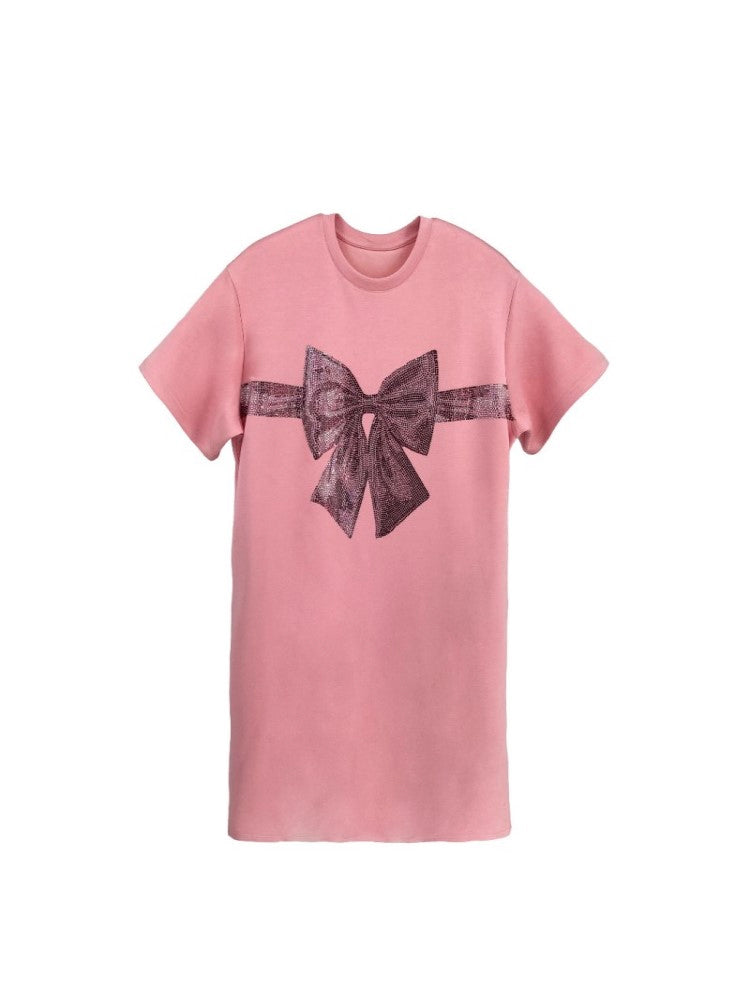 TCH Oversized Shiny Rhinestone Bow T-shirt Dress