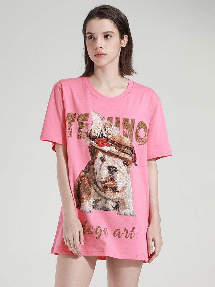 TCH Oversized Shiny Rhinestone Dog Short Sleeve Top