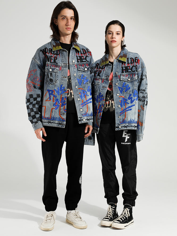 TCH Rhinestone Plaid Graffiti Denim Jacket