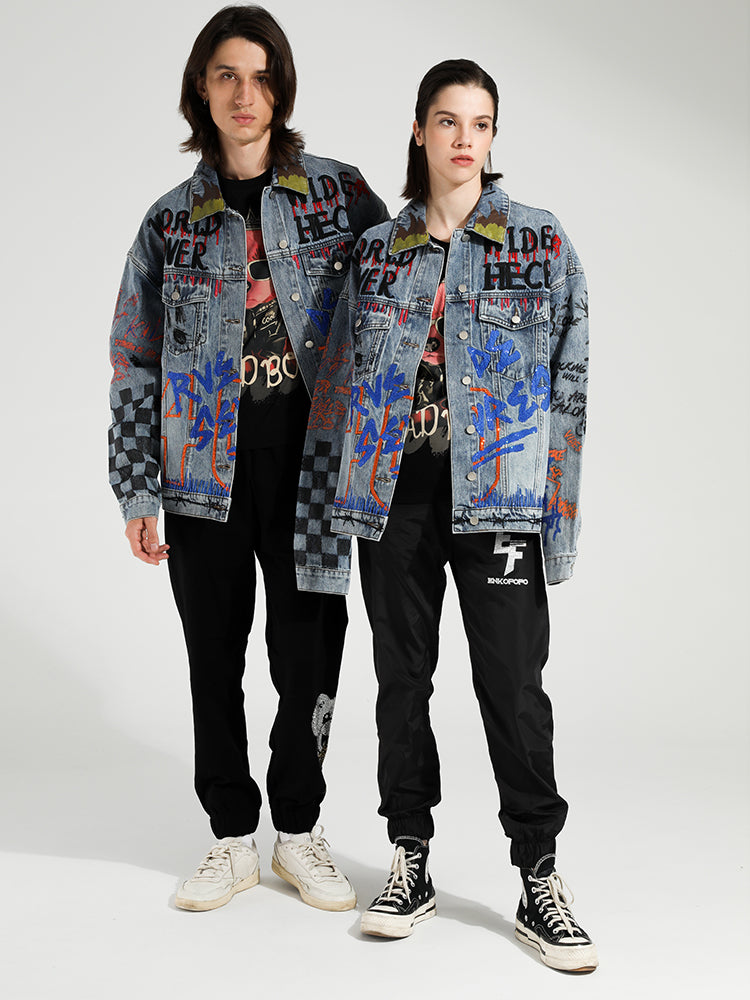 TCH Rhinestone Plaid Graffiti Denim Jacket