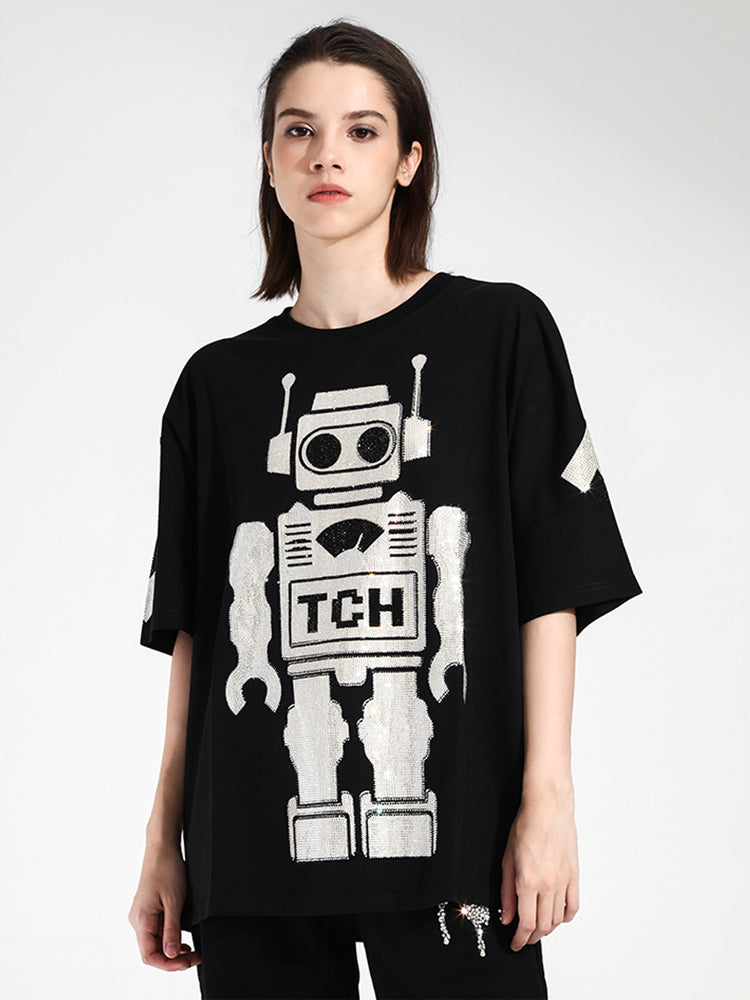 TCH Cotton Robot Rhinestone Short Sleeve T-Shirt