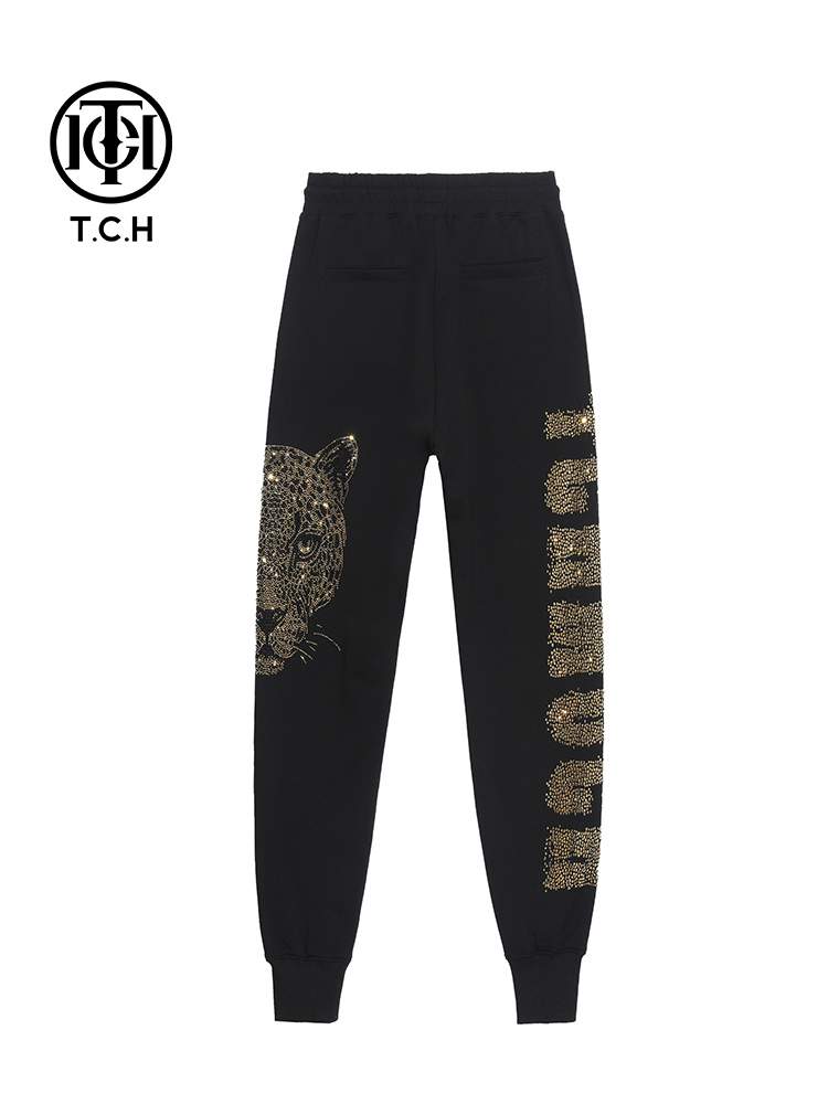 TCH Men's Leopard Hot Diamond Letter Elastic Waist Jogger