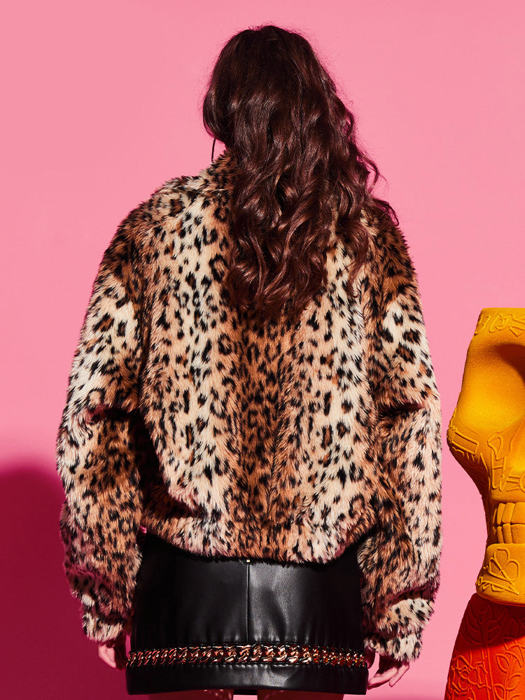 TCH Rhinestone Faux Fur Leopard Coat