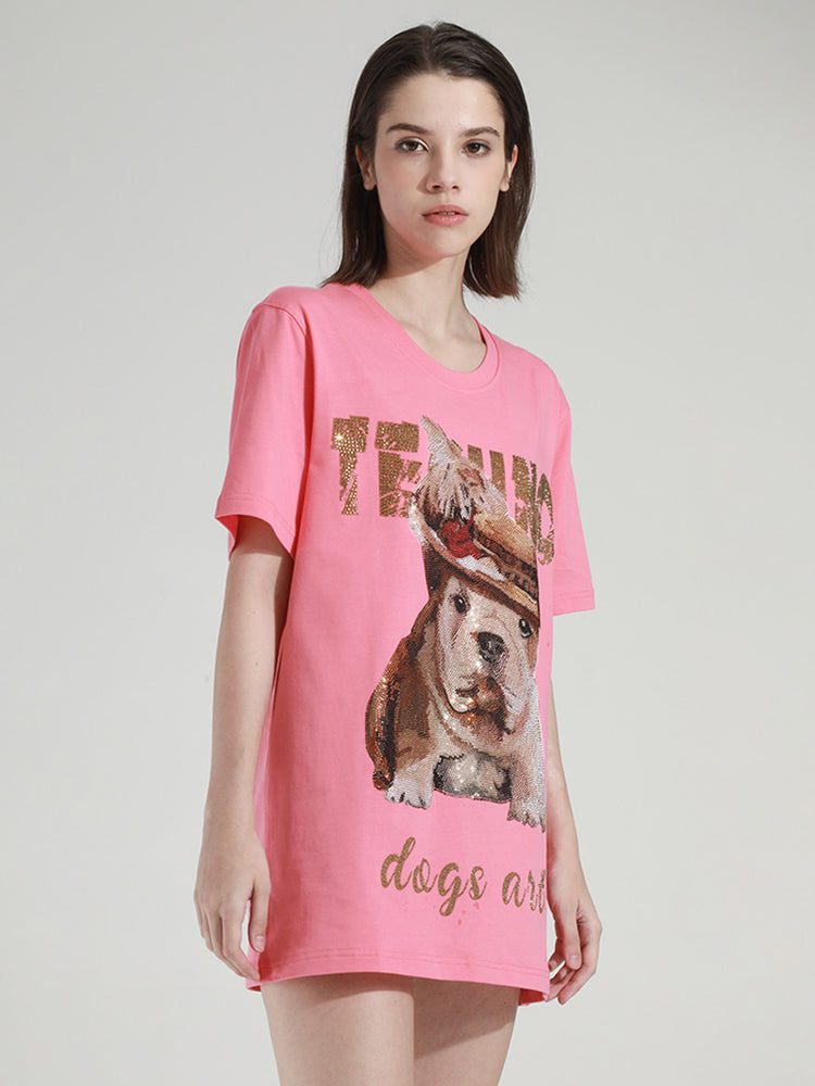 TCH Oversized Shiny Rhinestone Dog Short Sleeve Top