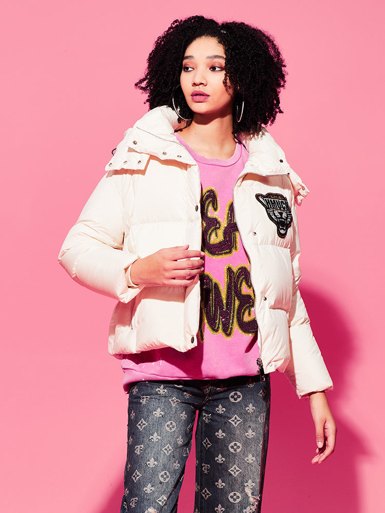 TCH Graphic Rhinestone Cropped Hoodie Puffer Coat