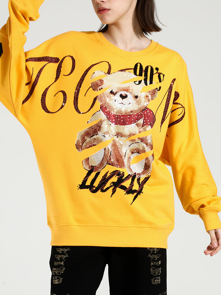 TCH Coated Bear Letters Rhinestone Long Sleeve Sweatshirt