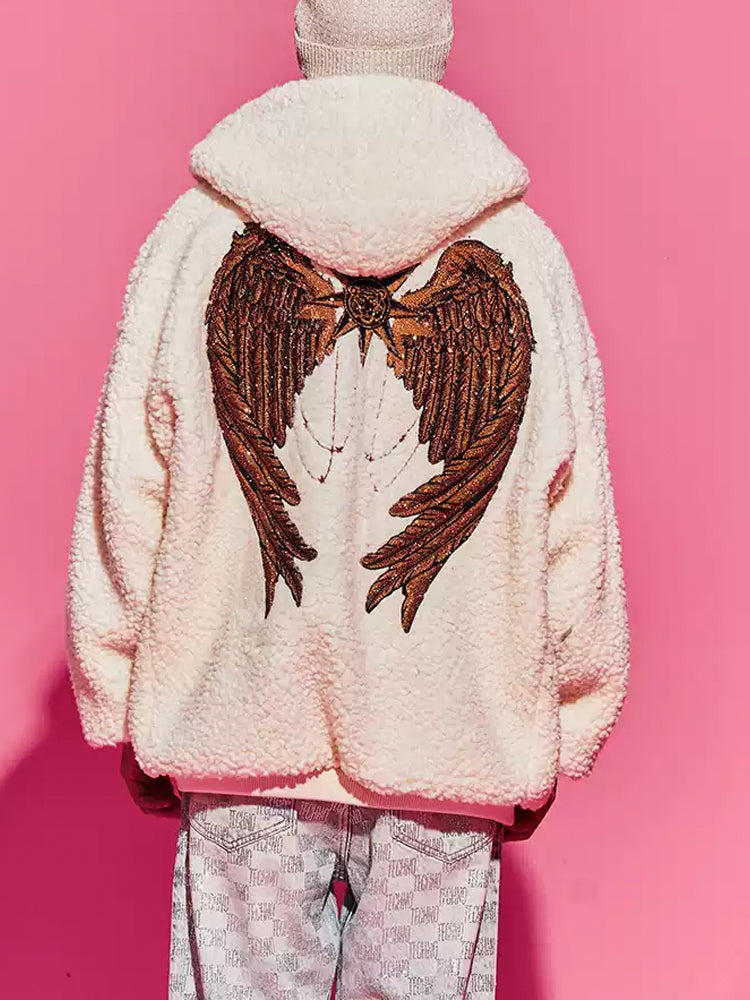 TCH Rhinestone Angel Wings Fleece Hooded Jacket