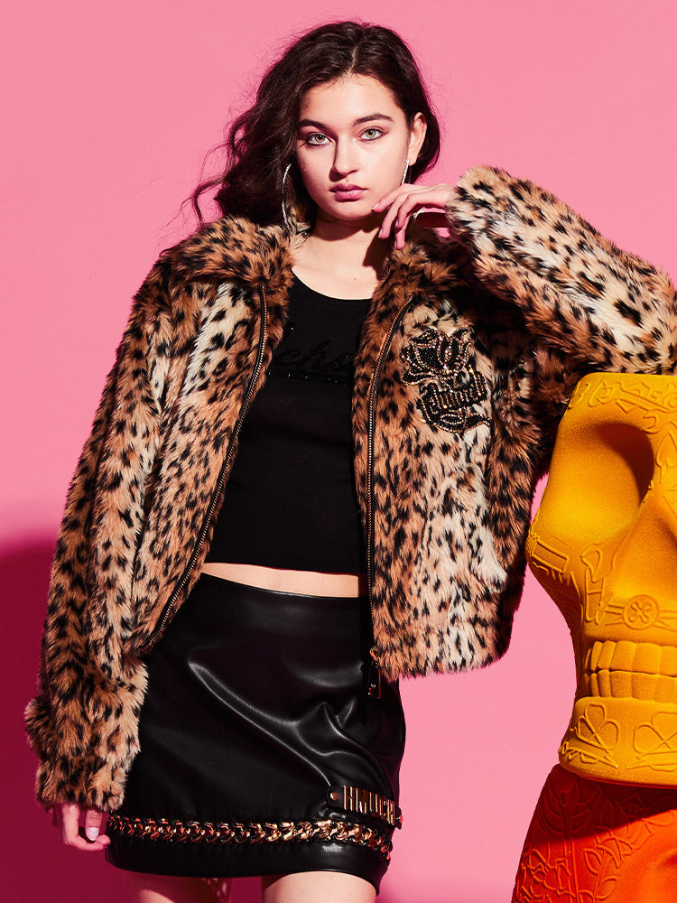 TCH Rhinestone Faux Fur Leopard Coat