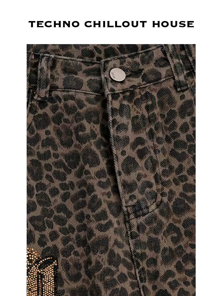 TCH Rhinestone Leopard Print High Waist Wide Leg Jeans