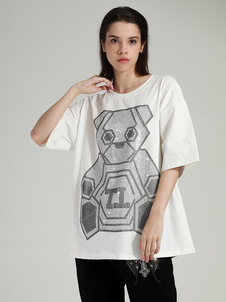 TCH Rhinestones  Casual Teddy Bear Round Neck T-shirt