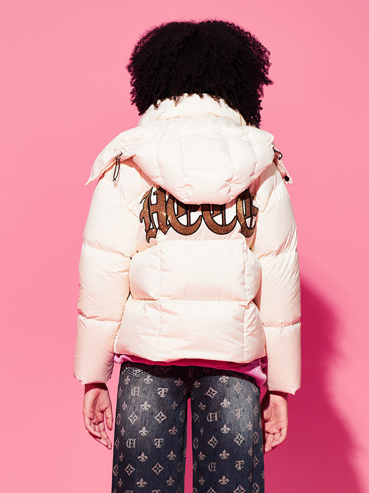 TCH Graphic Rhinestone Cropped Hoodie Puffer Coat