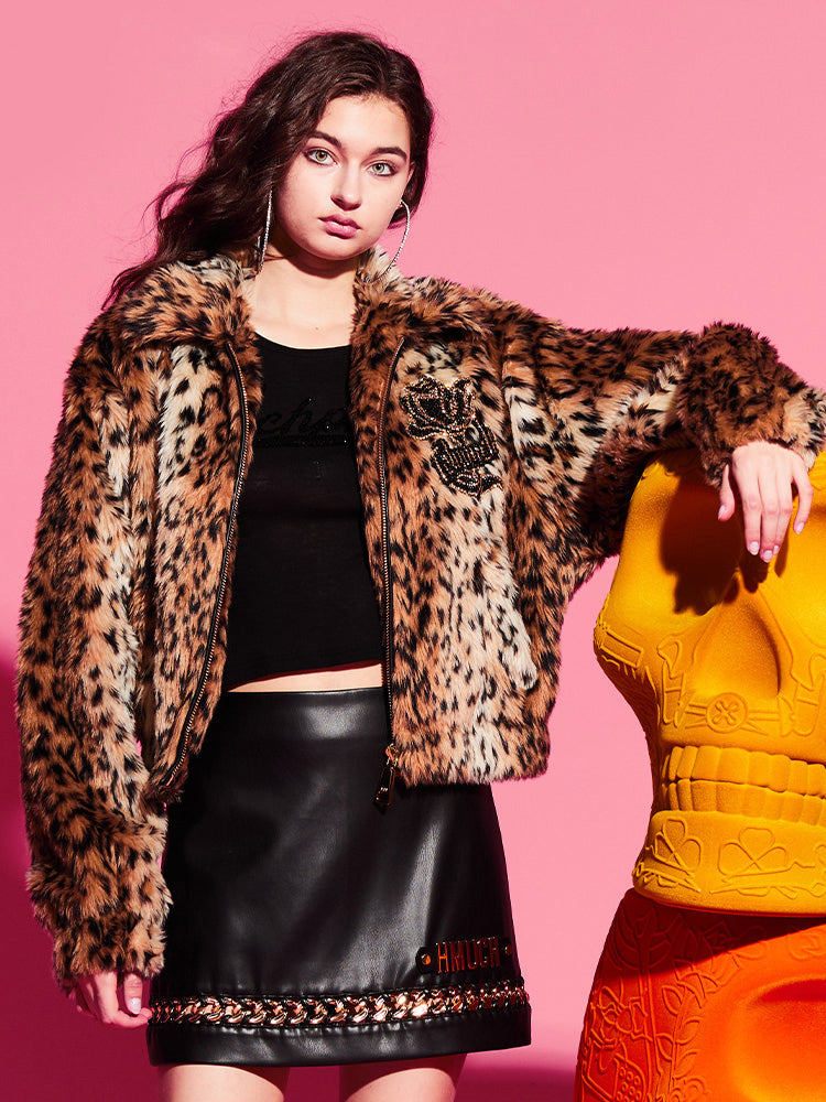 TCH Rhinestone Faux Fur Leopard Coat