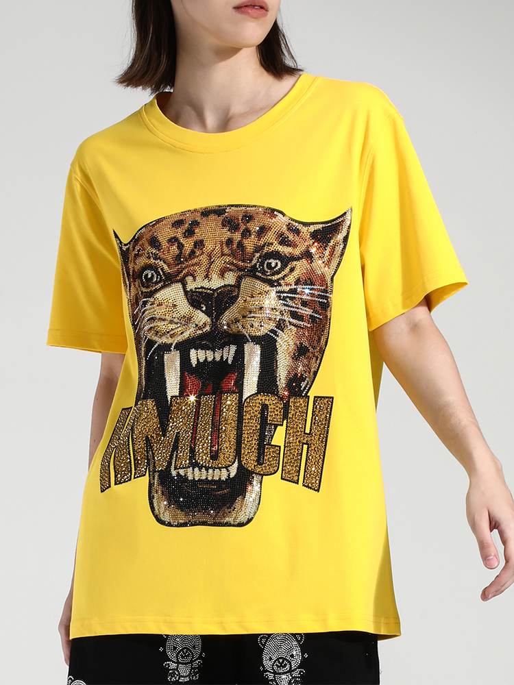 TCH Women‘s Roaring Leopard Rhinestone Short Sleeve T-Shirt