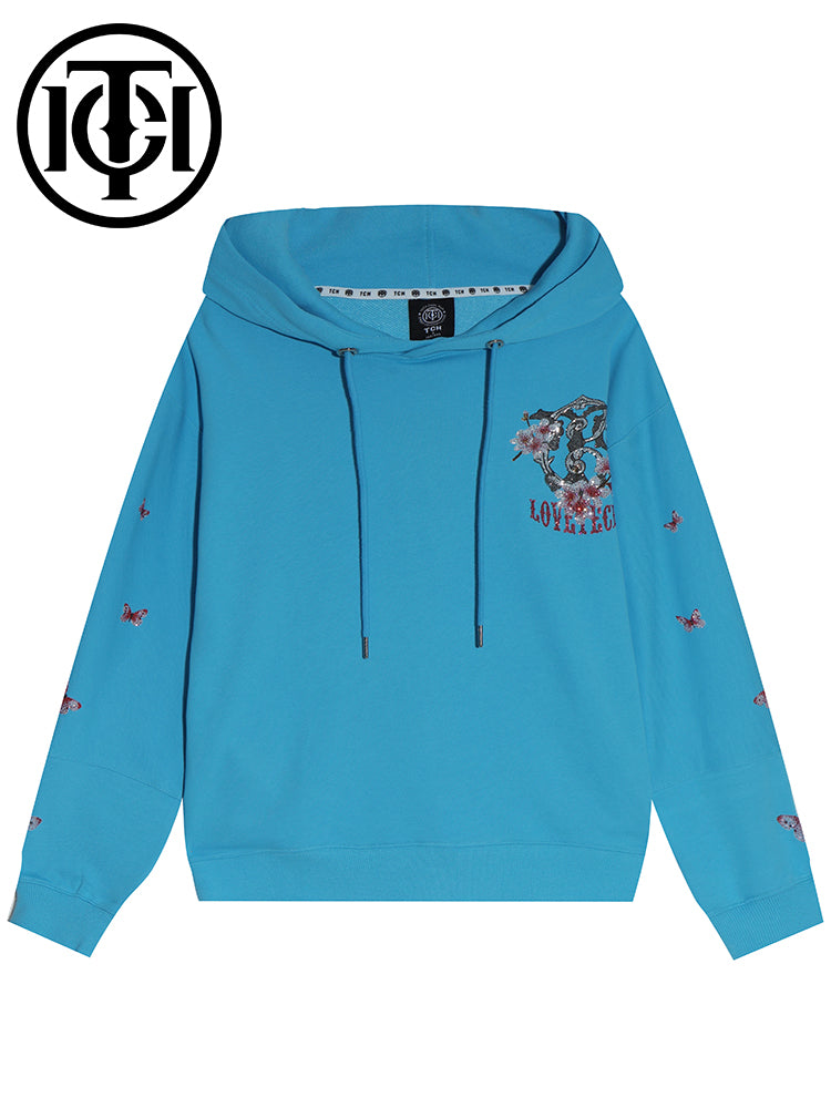 TCH Flower Print Rhinestone Unisex Hoodie