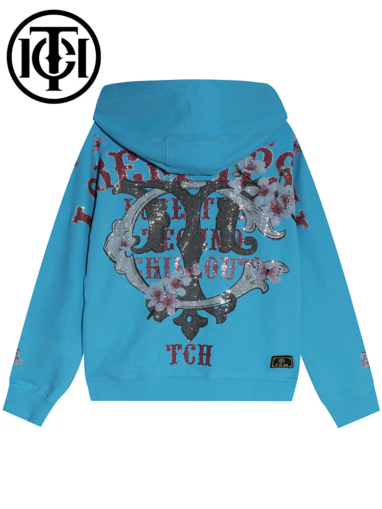 TCH Flower Print Rhinestone Unisex Hoodie