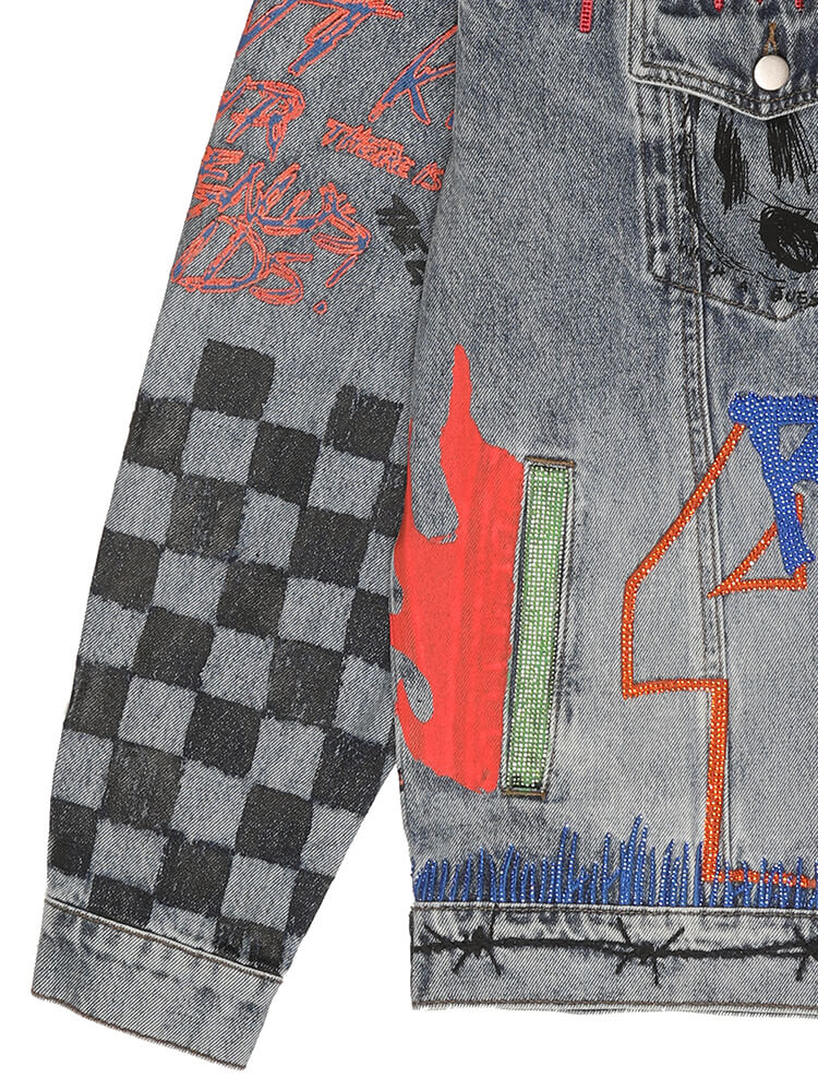 TCH Rhinestone Plaid Graffiti Denim Jacket