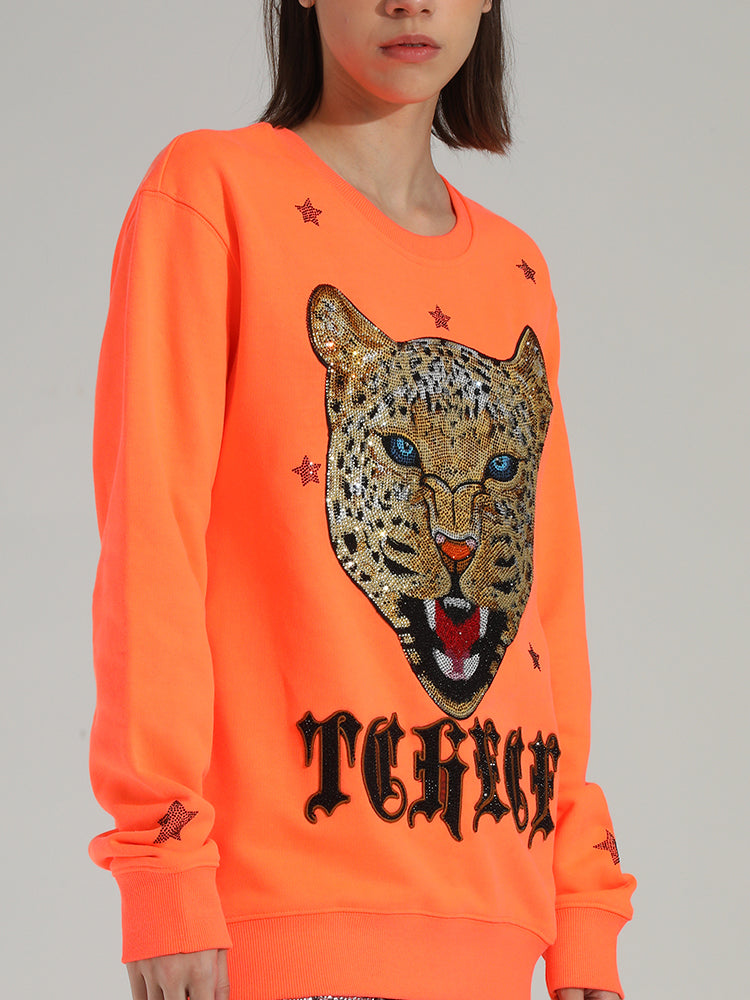 TCH Women's Leopard Star Rhinestone Crewneck Sweatshirt