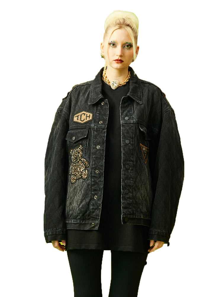 TCH Graphic Rhinestone Oversized Denim Jacket