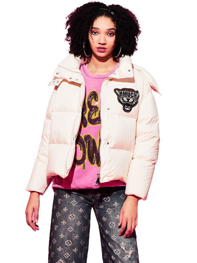 TCH Graphic Rhinestone Cropped Hoodie Puffer Coat