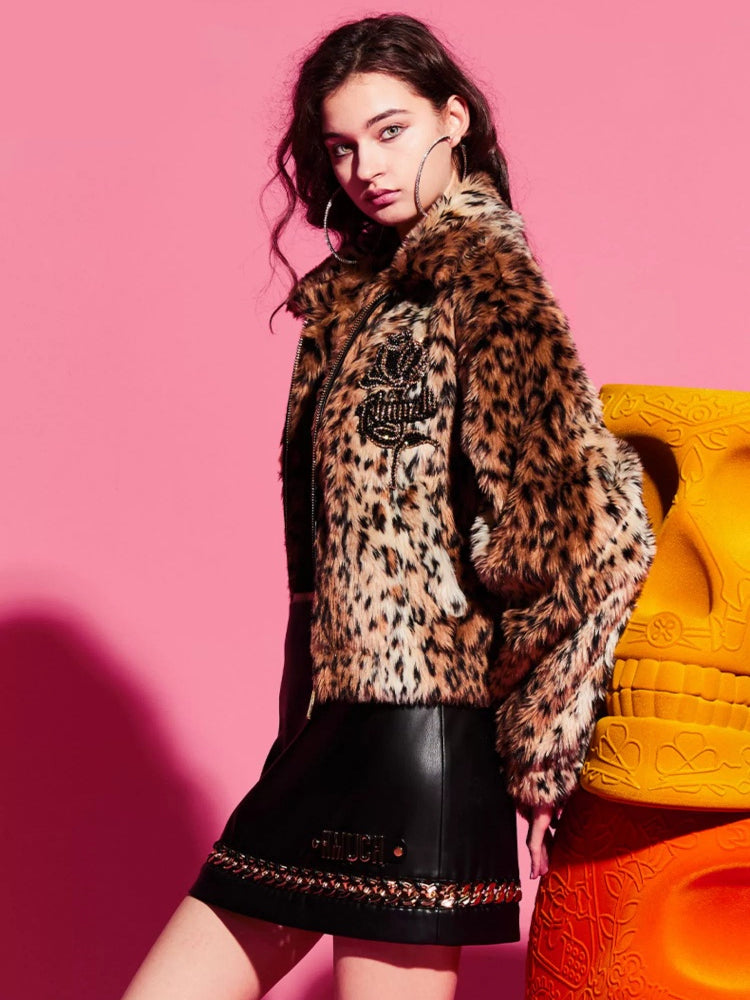 TCH Rhinestone Faux Fur Leopard Coat