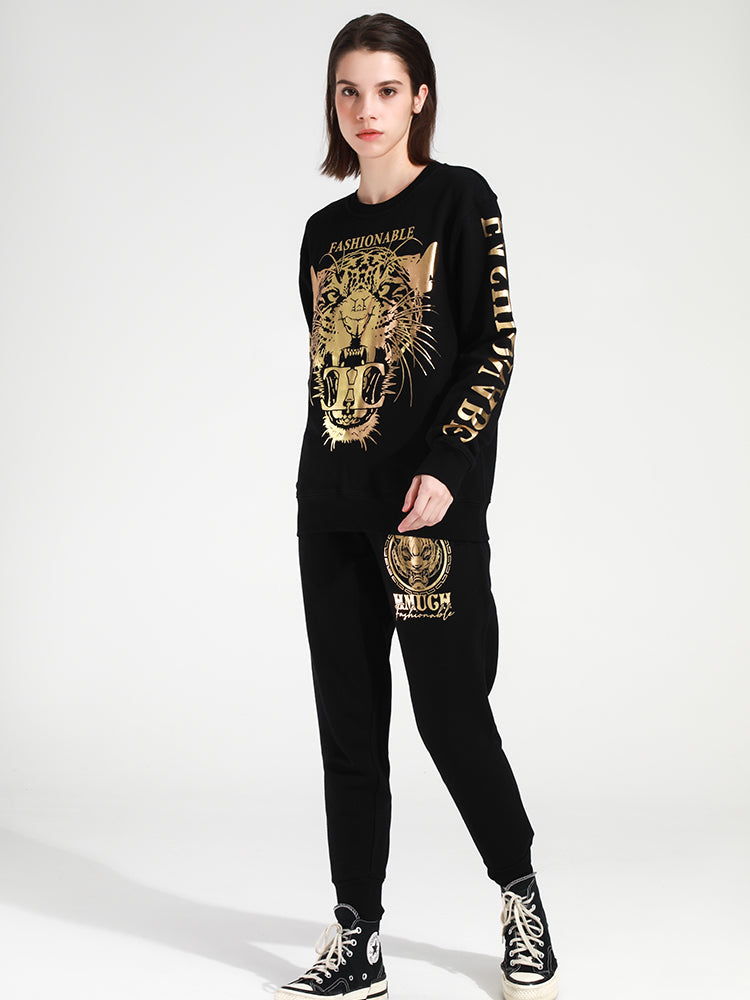 TCH Women's Gold Leopard Letter Sleeve Sweatshirt