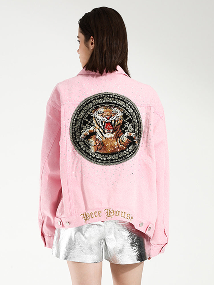 TCH Rhinestone Tiger Embroidered Denim Jacket