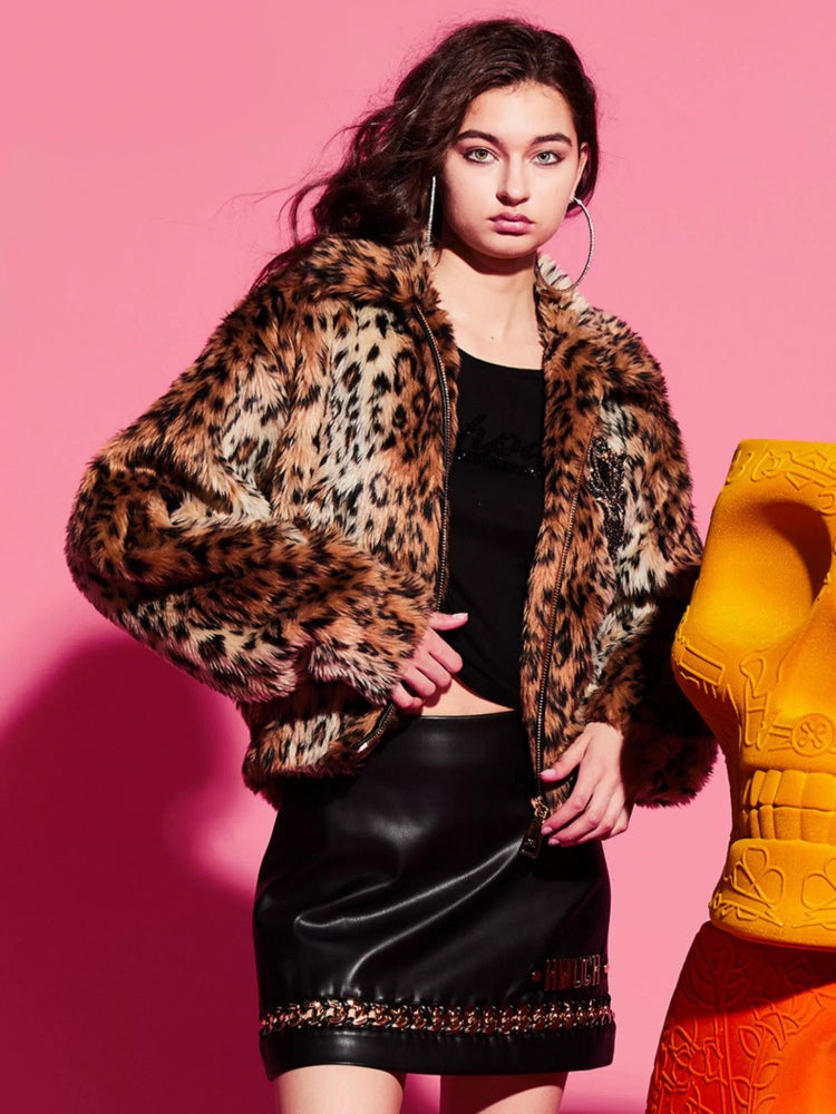 TCH Rhinestone Faux Fur Leopard Coat