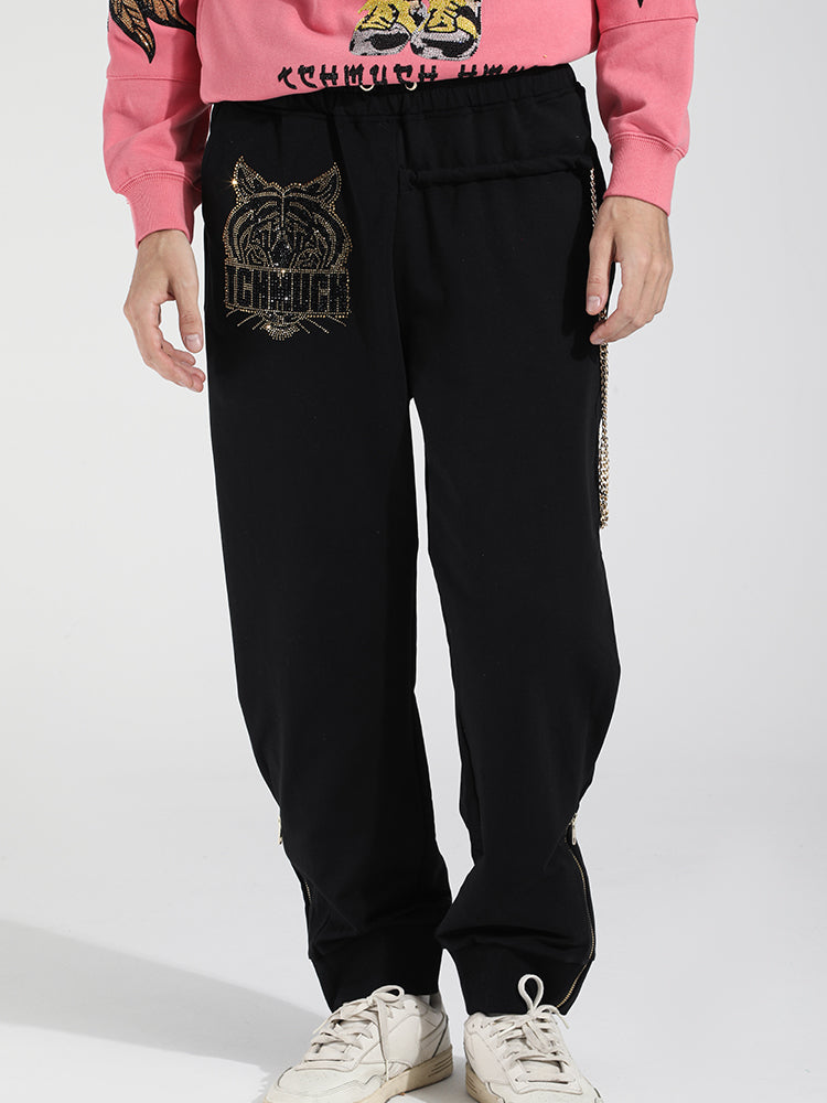 TCH Men's Animal Rhinestone Cotton Zipper Long Pants