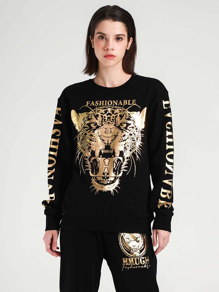 TCH Women's Gold Leopard Letter Sleeve Sweatshirt