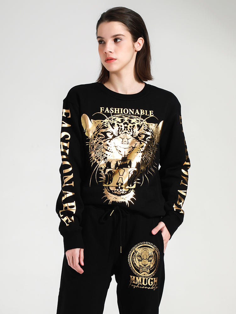 TCH Women's Gold Leopard Letter Sleeve Sweatshirt