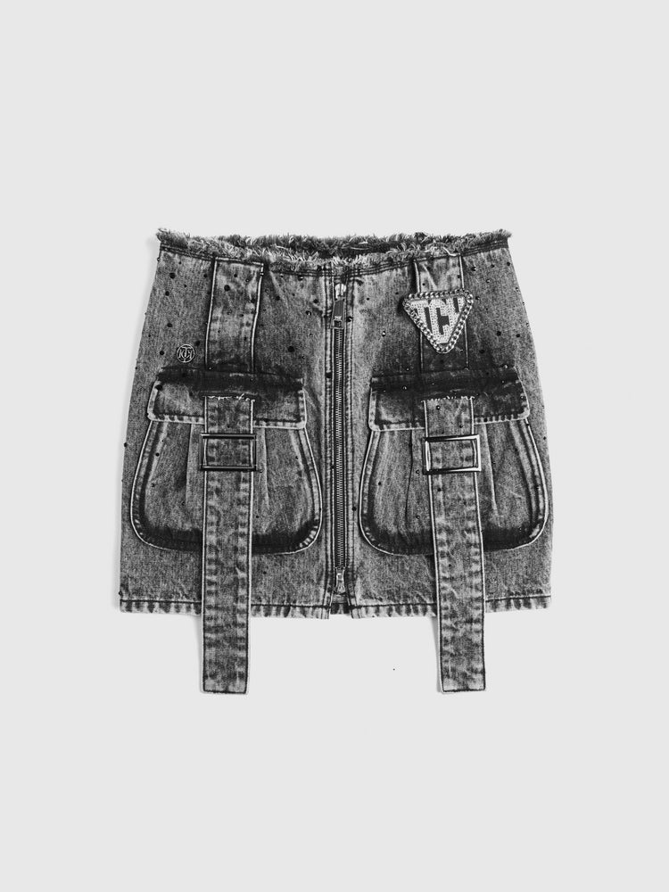 TCH Cargo Pocket Distressed Print Belted Denim Mini Skirt