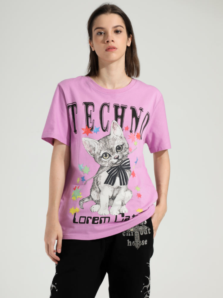 TCH Rhinestone Cat Printed Crew Neck T-shirt