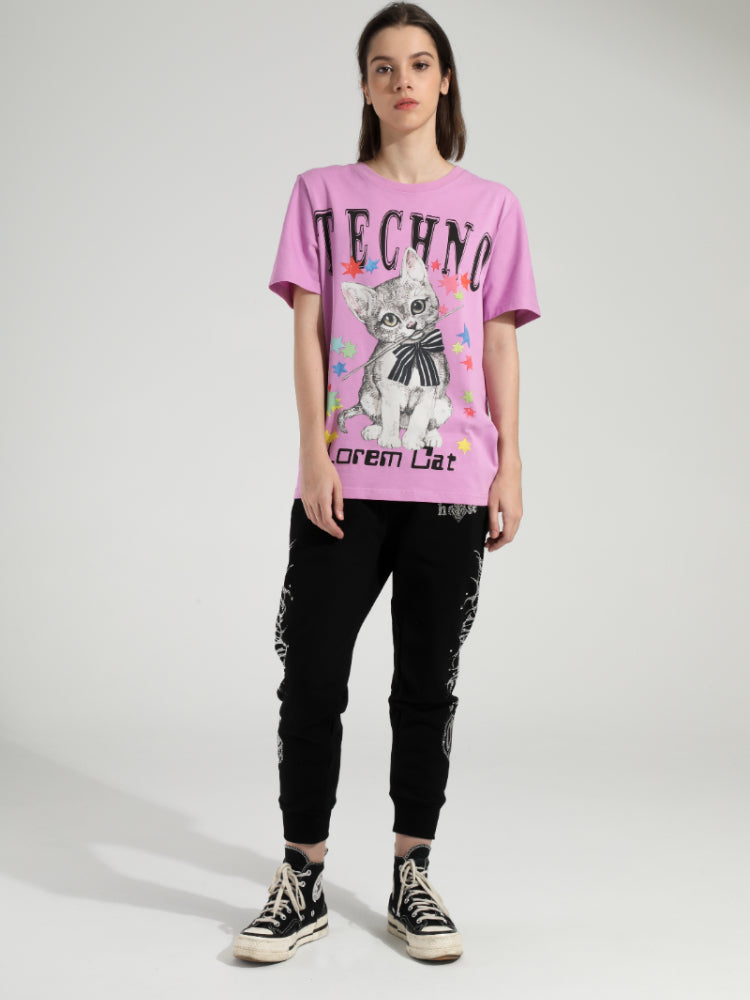 TCH Rhinestone Cat Printed Crew Neck T-shirt