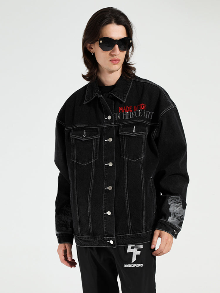 TCH Embroidery Rhinestone Patch Bikers Denim Jacket