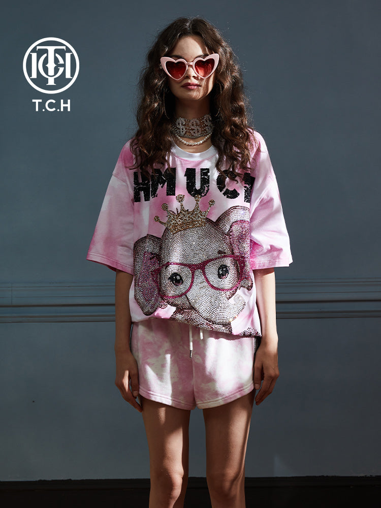 TCH Fashion Diamond-Embedded Pink Elephant T-shirt